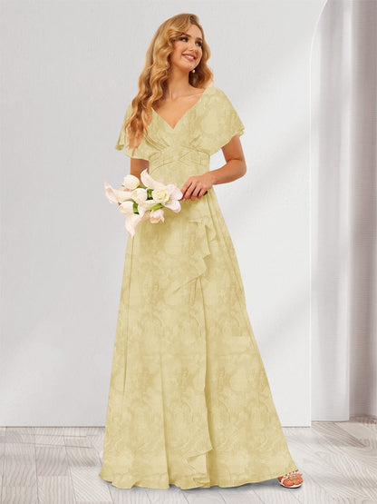 Robe de demoiselle d'honneur longue à fleurs, coupe trapèze/princesse, col V, volants