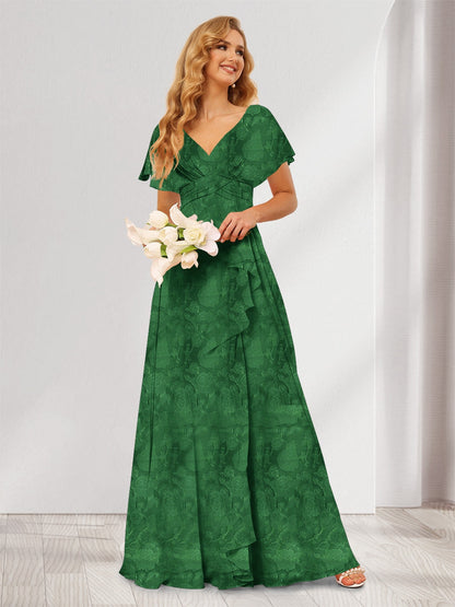 Robe de demoiselle d'honneur longue à fleurs, coupe trapèze/princesse, col V, volants