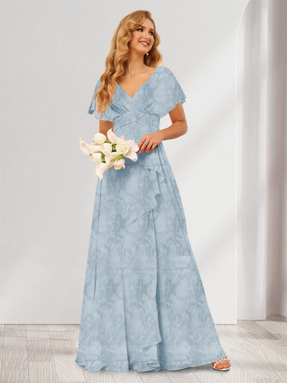 Robe de demoiselle d'honneur longue à fleurs, coupe trapèze/princesse, col V, volants