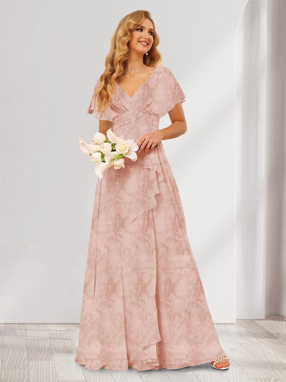 Robe de demoiselle d'honneur longue à fleurs, coupe trapèze/princesse, col V, volants