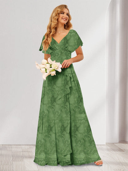 Robe de demoiselle d'honneur longue à fleurs, coupe trapèze/princesse, col V, volants