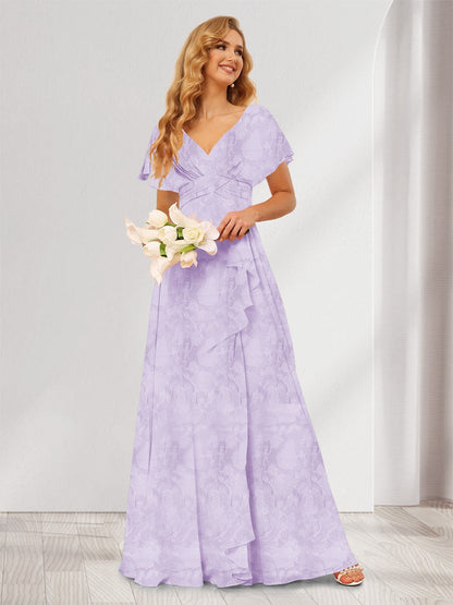 Robe de demoiselle d'honneur longue à fleurs, coupe trapèze/princesse, col V, volants
