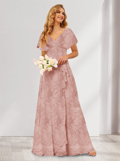 Robe de demoiselle d'honneur longue à fleurs, coupe trapèze/princesse, col V, volants