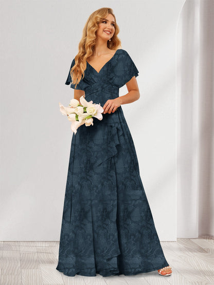 Robe de demoiselle d'honneur longue à fleurs, coupe trapèze/princesse, col V, volants