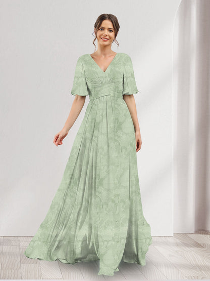 Robe de demoiselle d'honneur à fleurs, coupe trapèze, col V, manches courtes, fente latérale et poches