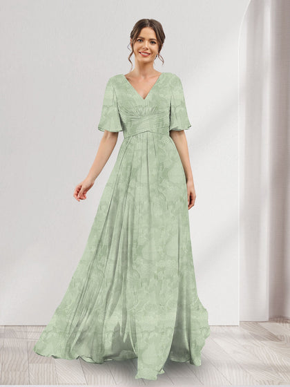 Robe de demoiselle d'honneur à fleurs, coupe trapèze, col V, manches courtes, fente latérale et poches