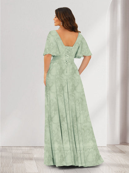 Robe de demoiselle d'honneur à fleurs, coupe trapèze, col V, manches courtes, fente latérale et poches