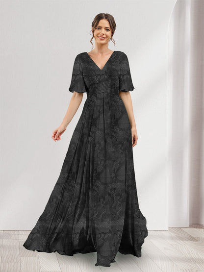 Robe de demoiselle d'honneur à fleurs, coupe trapèze, col V, manches courtes, fente latérale et poches