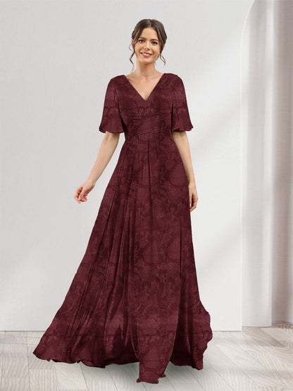 Robe de demoiselle d'honneur à fleurs, coupe trapèze, col V, manches courtes, fente latérale et poches