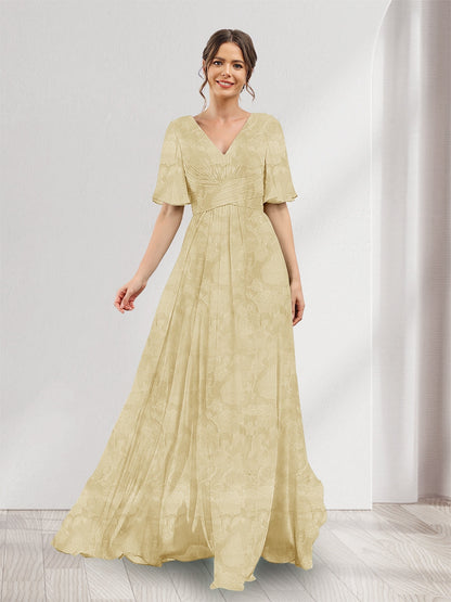 Robe de demoiselle d'honneur à fleurs, coupe trapèze, col V, manches courtes, fente latérale et poches