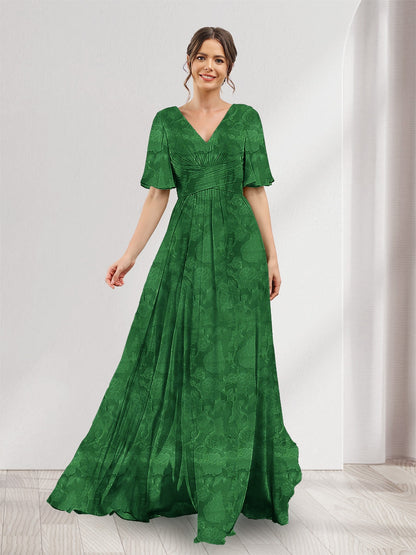 Robe de demoiselle d'honneur à fleurs, coupe trapèze, col V, manches courtes, fente latérale et poches