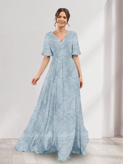 Robe de demoiselle d'honneur à fleurs, coupe trapèze, col V, manches courtes, fente latérale et poches