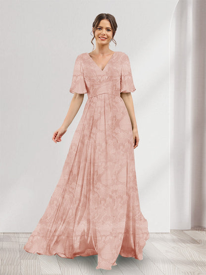 Robe de demoiselle d'honneur à fleurs, coupe trapèze, col V, manches courtes, fente latérale et poches