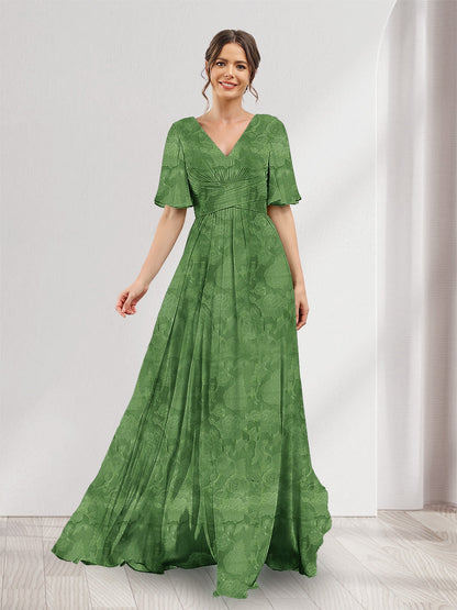 Robe de demoiselle d'honneur à fleurs, coupe trapèze, col V, manches courtes, fente latérale et poches