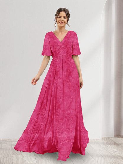 Robe de demoiselle d'honneur à fleurs, coupe trapèze, col V, manches courtes, fente latérale et poches