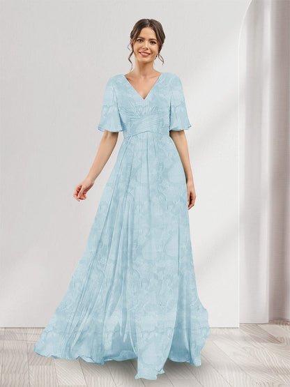 Robe de demoiselle d'honneur à fleurs, coupe trapèze, col V, manches courtes, fente latérale et poches