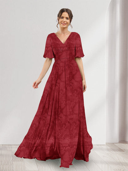 Robe de demoiselle d'honneur à fleurs, coupe trapèze, col V, manches courtes, fente latérale et poches