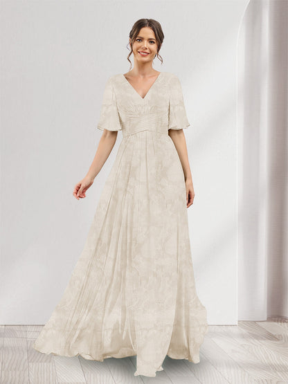 Robe de demoiselle d'honneur à fleurs, coupe trapèze, col V, manches courtes, fente latérale et poches