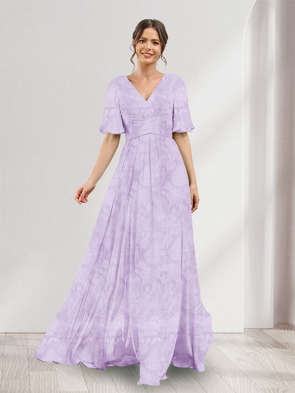 Robe de demoiselle d'honneur à fleurs, coupe trapèze, col V, manches courtes, fente latérale et poches