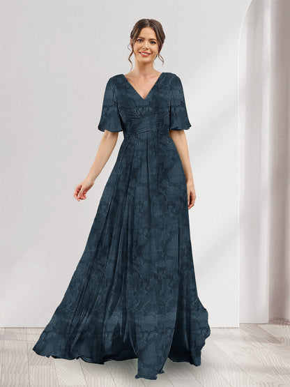 Robe de demoiselle d'honneur à fleurs, coupe trapèze, col V, manches courtes, fente latérale et poches