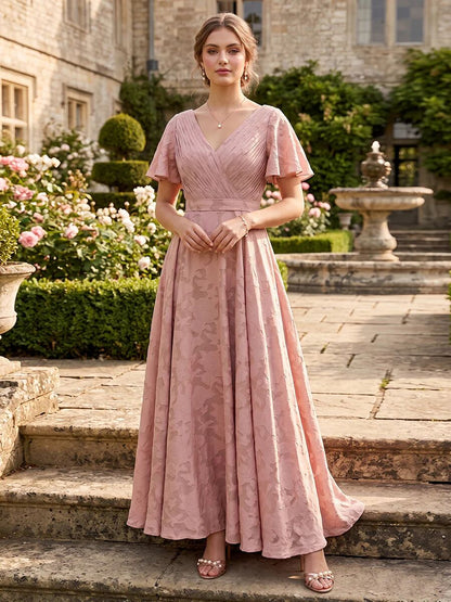 Robe de demoiselle d'honneur à fleurs, coupe trapèze, col V, manches courtes et poches