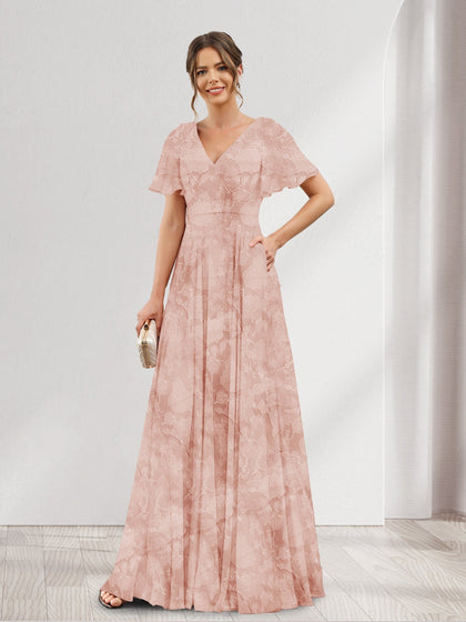 Robe de demoiselle d'honneur à fleurs, coupe trapèze, col V, manches courtes et poches