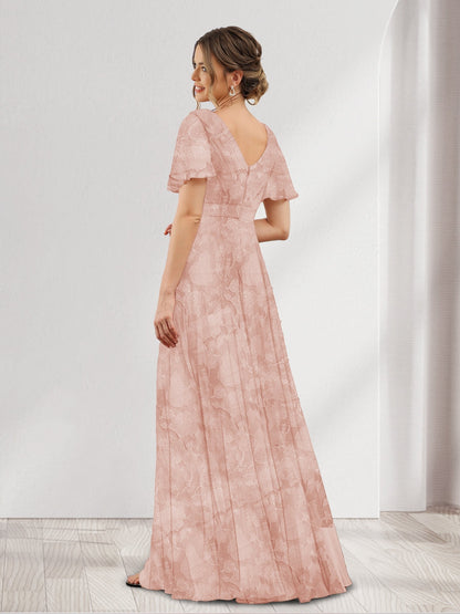 Robe de demoiselle d'honneur à fleurs, coupe trapèze, col V, manches courtes et poches