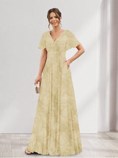 Robe de demoiselle d'honneur à fleurs, coupe trapèze, col V, manches courtes et poches