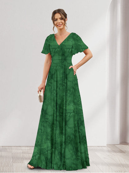 Robe de demoiselle d'honneur à fleurs, coupe trapèze, col V, manches courtes et poches