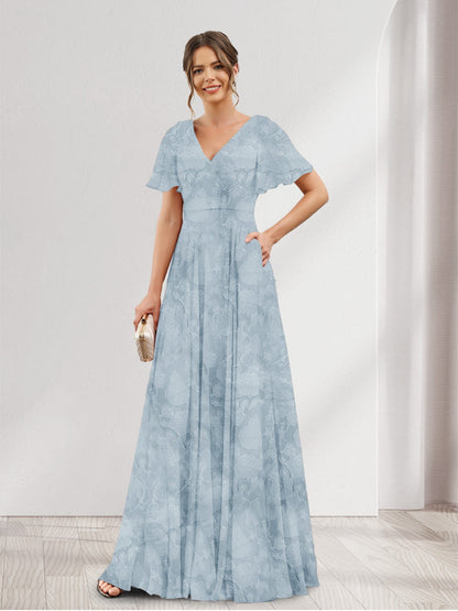 Robe de demoiselle d'honneur à fleurs, coupe trapèze, col V, manches courtes et poches