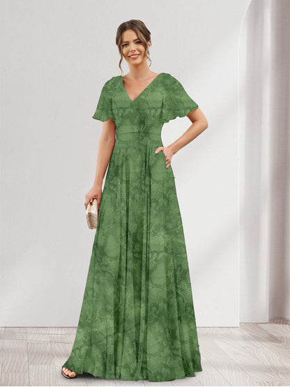 Robe de demoiselle d'honneur à fleurs, coupe trapèze, col V, manches courtes et poches