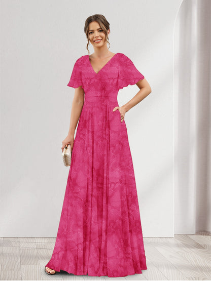 Robe de demoiselle d'honneur à fleurs, coupe trapèze, col V, manches courtes et poches