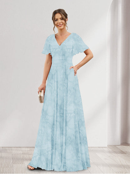 Robe de demoiselle d'honneur à fleurs, coupe trapèze, col V, manches courtes et poches