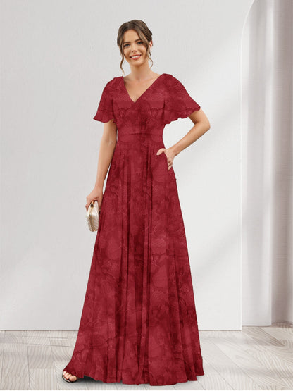 Robe de demoiselle d'honneur à fleurs, coupe trapèze, col V, manches courtes et poches