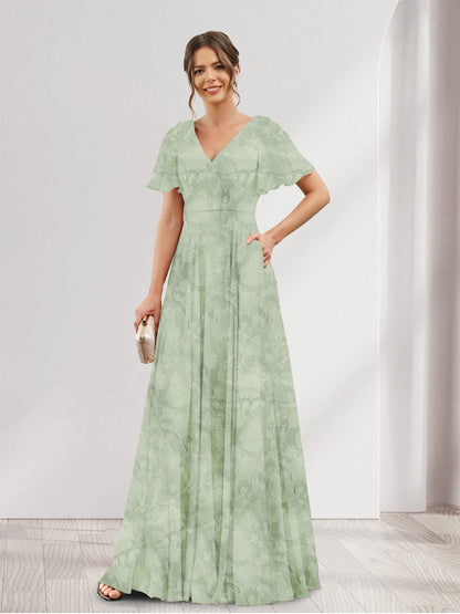 Robe de demoiselle d'honneur à fleurs, coupe trapèze, col V, manches courtes et poches