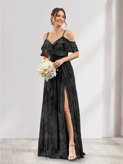 Robe de demoiselle d'honneur à fleurs, coupe trapèze, col V, bretelles spaghetti et poches