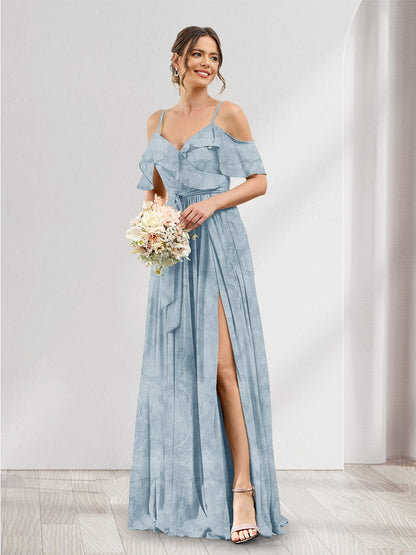 Robe de demoiselle d'honneur à fleurs, coupe trapèze, col V, bretelles spaghetti et poches