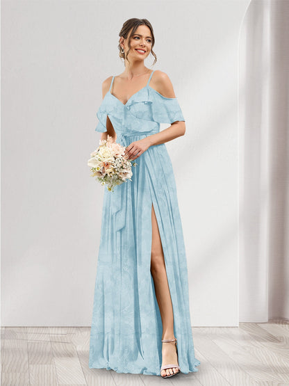 Robe de demoiselle d'honneur à fleurs, coupe trapèze, col V, bretelles spaghetti et poches