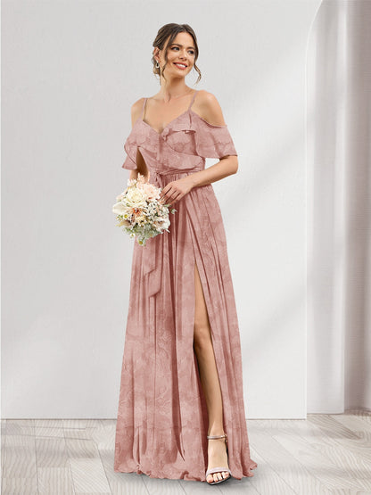 Robe de demoiselle d'honneur à fleurs, coupe trapèze, col V, bretelles spaghetti et poches