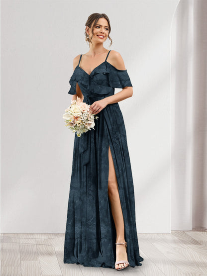 Robe de demoiselle d'honneur à fleurs, coupe trapèze, col V, bretelles spaghetti et poches