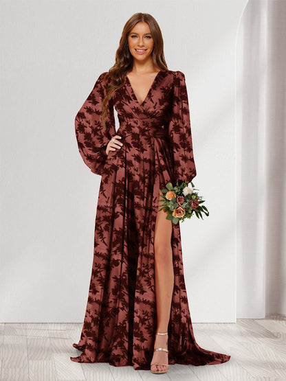 Robes de demoiselle d'honneur coupe A-line/Princesse à col en V, manches longues, longueur ras du sol avec fente latérale