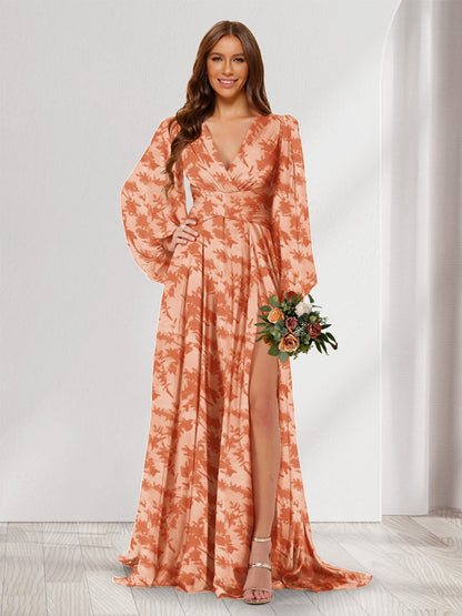 Robes de demoiselle d'honneur coupe A-line/Princesse à col en V, manches longues, longueur ras du sol avec fente latérale