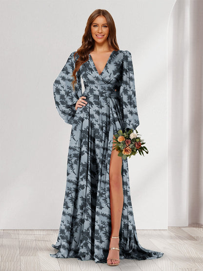 Robes de demoiselle d'honneur coupe A-line/Princesse à col en V, manches longues, longueur ras du sol avec fente latérale