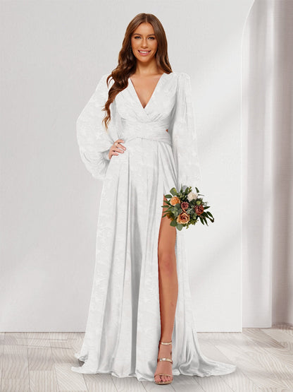 Robes de demoiselle d'honneur coupe A-line/Princesse à col en V, manches longues, longueur ras du sol avec fente latérale