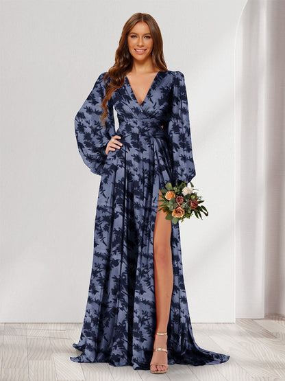 Robes de demoiselle d'honneur coupe A-line/Princesse à col en V, manches longues, longueur ras du sol avec fente latérale