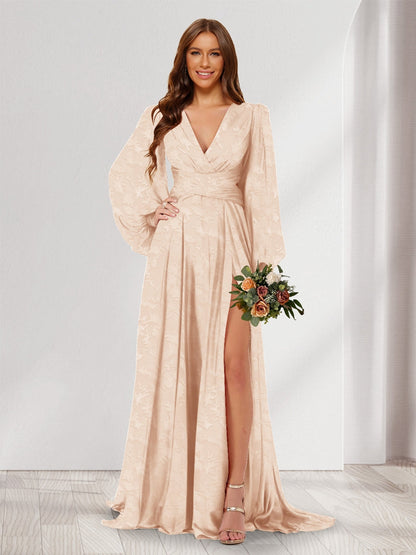 Robes de demoiselle d'honneur coupe A-line/Princesse à col en V, manches longues, longueur ras du sol avec fente latérale