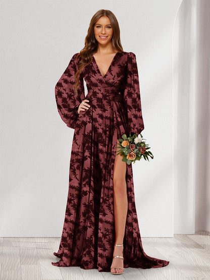 Robes de demoiselle d'honneur coupe A-line/Princesse à col en V, manches longues, longueur ras du sol avec fente latérale