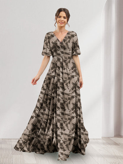 Robes de demoiselle d'honneur coupe A-line à col en V, manches trois-quarts, fleuries avec poches et fente latérale