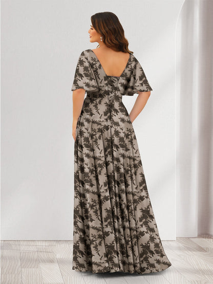 Robes de demoiselle d'honneur coupe A-line à col en V, manches trois-quarts, fleuries avec poches et fente latérale