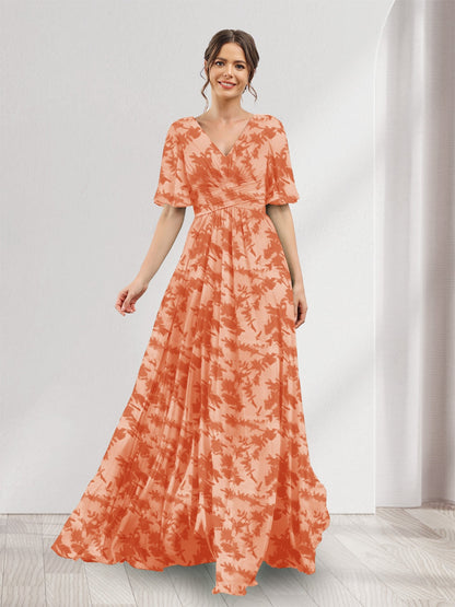 Robes de demoiselle d'honneur coupe A-line à col en V, manches trois-quarts, fleuries avec poches et fente latérale